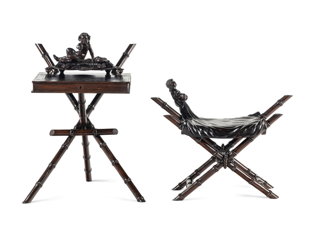 A Venetian Carved Walnut 'Fantasy' Ink Stand, Writing Desk and Bench (1 of 5)