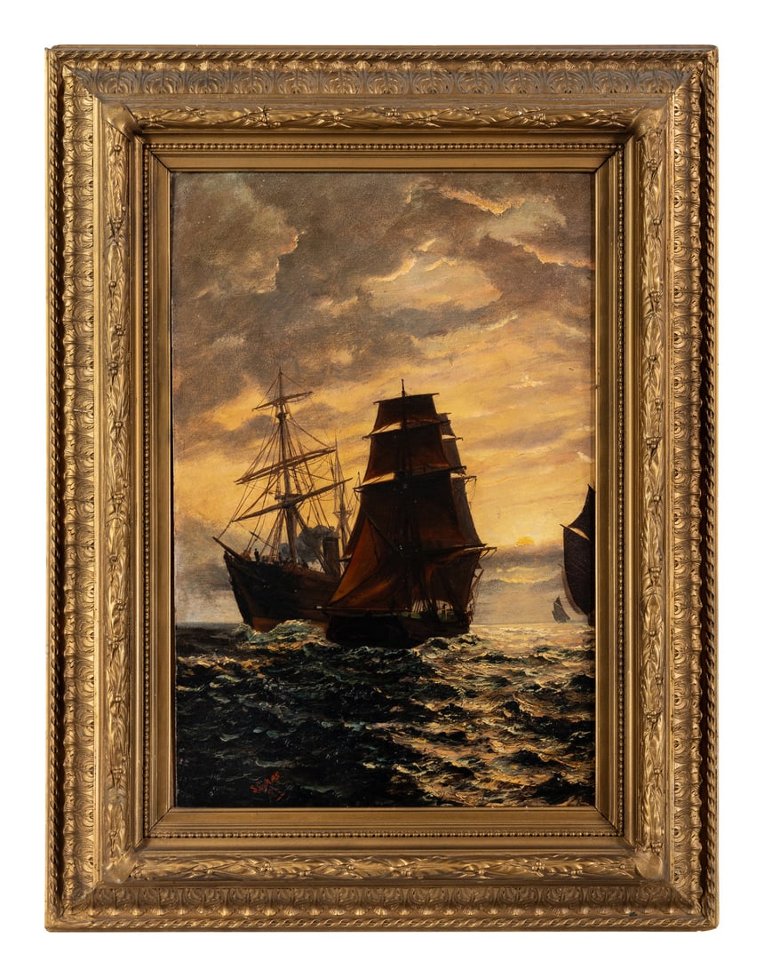 S. D. Gilchrist Sykes (American, 19th/20th Century): S. D. Gilchrist Sykes (American, 19th/20th Century) Ships Passing oil on panel signed (lower left) 24 1/4 x 16 1/2 inches.