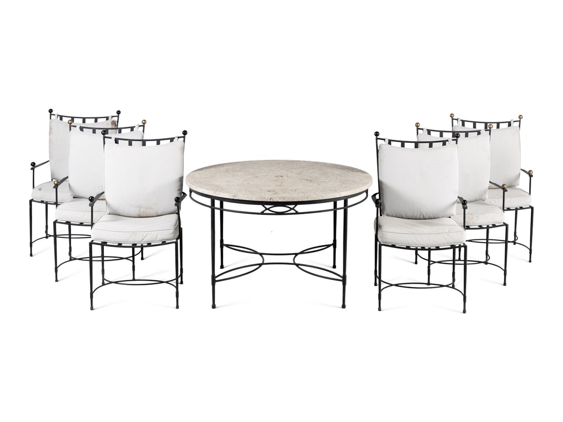A Mario Papperzini 'Amalfi' Dining Suite: A Mario Papperzini 'Amalfi' Dining Suite comprising six straight-back chairs (two sets of 3 chairs), a table with a stone top and an associated umbrella and stand. Height of chair 42 x width 24 1/2 x