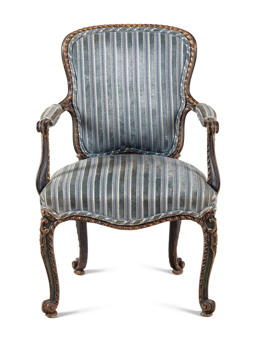 A George III Carved and Painted Mahogany Armchair: A George III Carved and Painted Mahogany Armchair Manner of John Cobb, Circa 1765 Height 40 x width 26 x depth 23 inches.