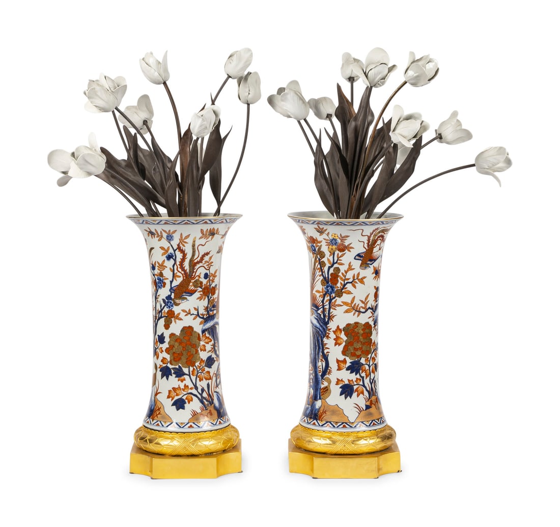 A Pair of Gilt Bronze Mounted Imari Palette Porcelain Vases with Biscuit Porcelain Tulip (1 of 5)