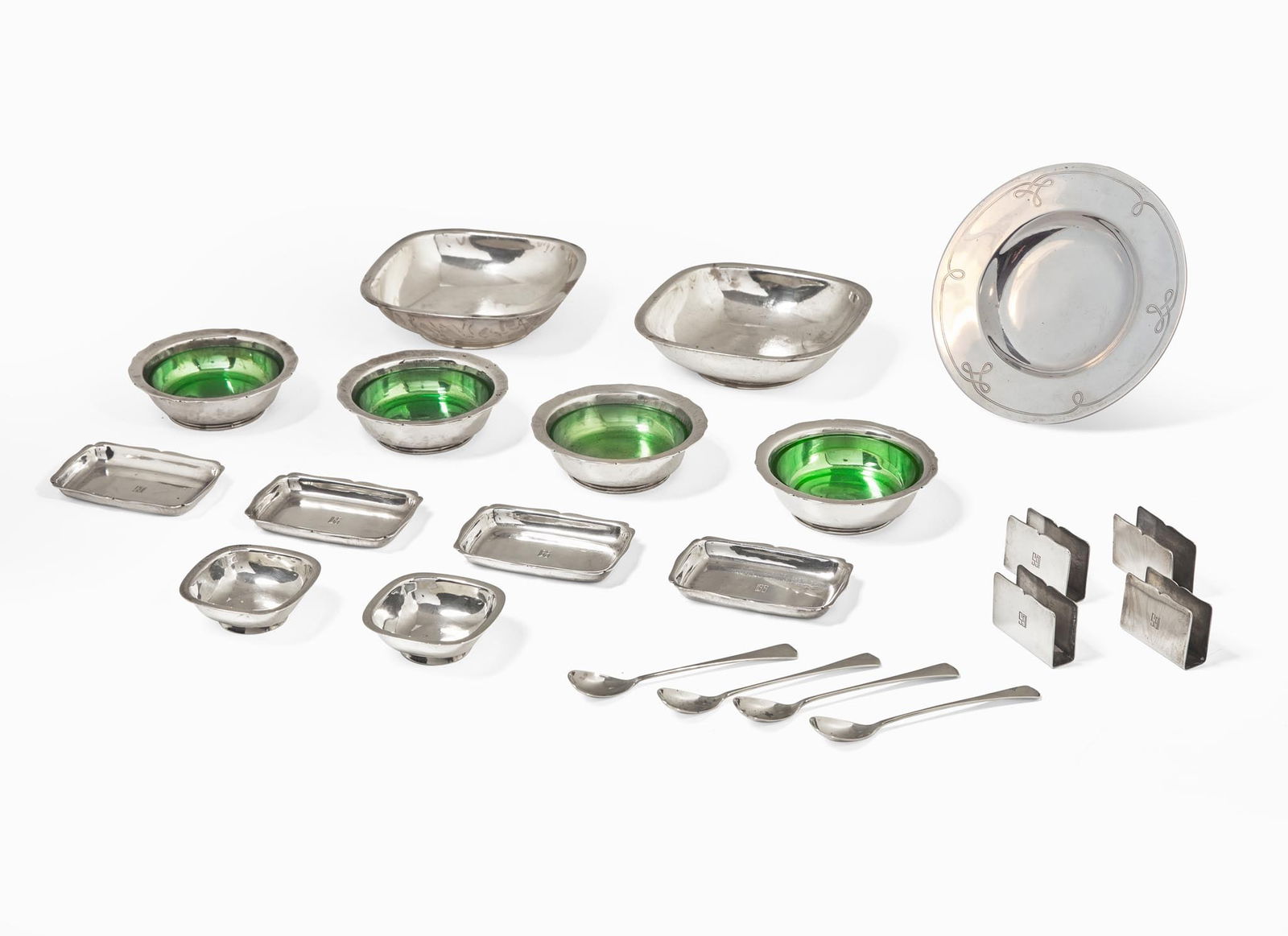 George Blanchard, Herman Glendenning, and David Carlson for Arthur Stone, Group of Table Accessories: George Blanchard, Herman Glendenning, and David Carlson for Arthur Stone, Group of Table Accessories Gardner, Massachusetts, first to second quarter twentieth century Sterling silver, crystal Comprisi