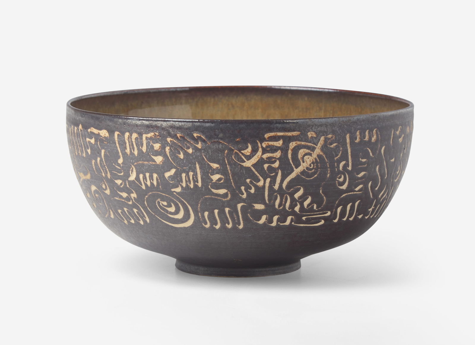 Edwin and Mary Scheier, Early Bowl: Edwin and Mary Scheier, Early Bowl USA, circa 1955 Glazed stoneware, sgraffito decoration Incised to underside: “Scheier” H: 3 3/8, Dia: 7 in. Provenance Rago Auctions, Modern Design, Lamb