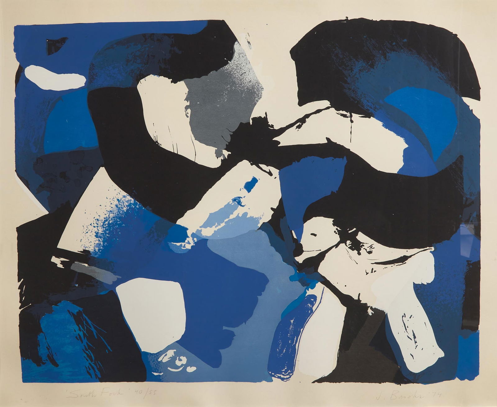James Brooks (American, 1906-1992), South Fork: James Brooks (American, 1906-1992), South Fork 1974, pencil signed, titled and dated, numbered 40/55, with full margins. Screenprint in colors on paper. image: 27 x 35 in. (68.6 x 88.9cm) sheet: 31 x