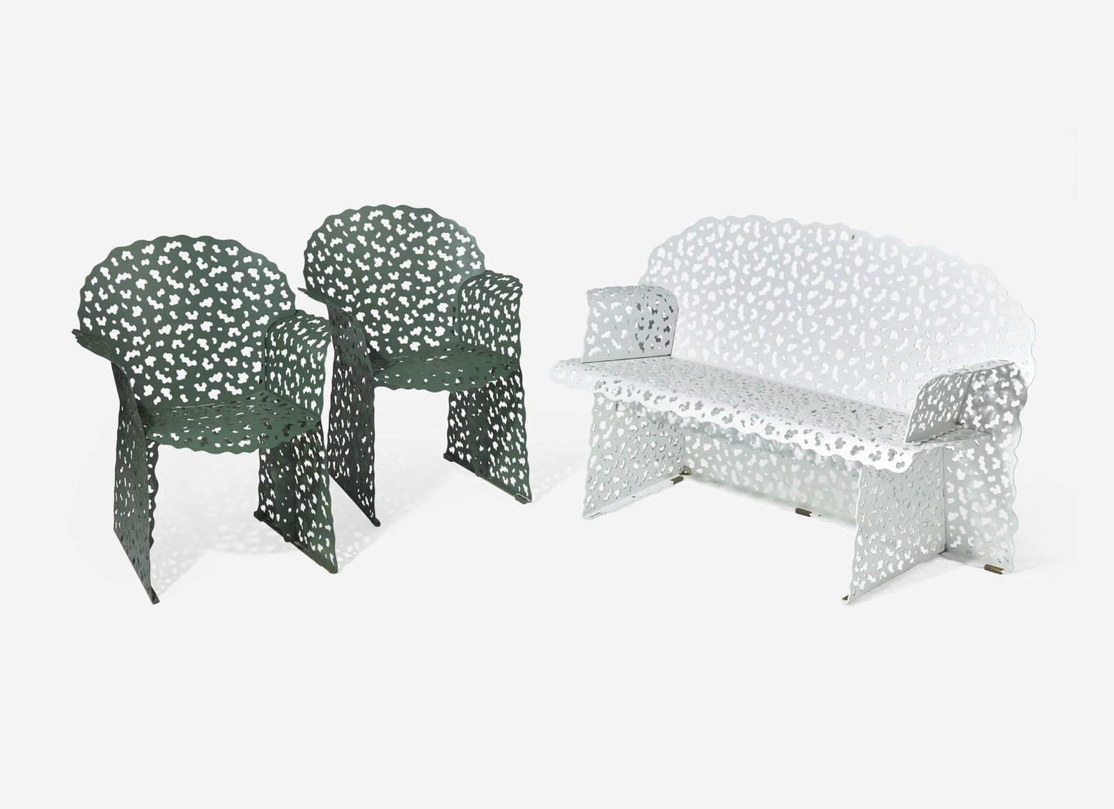 Richard Schultz, Pre-Production "Topiary" Settee and Two Armchairs: Richard Schultz, Pre-Production "Topiary" Settee and Two Armchairs USA, designed 1988, the present lot early 2000s Bent, stamped, and folded sheet aluminum, powder coated The present lot pre-productio