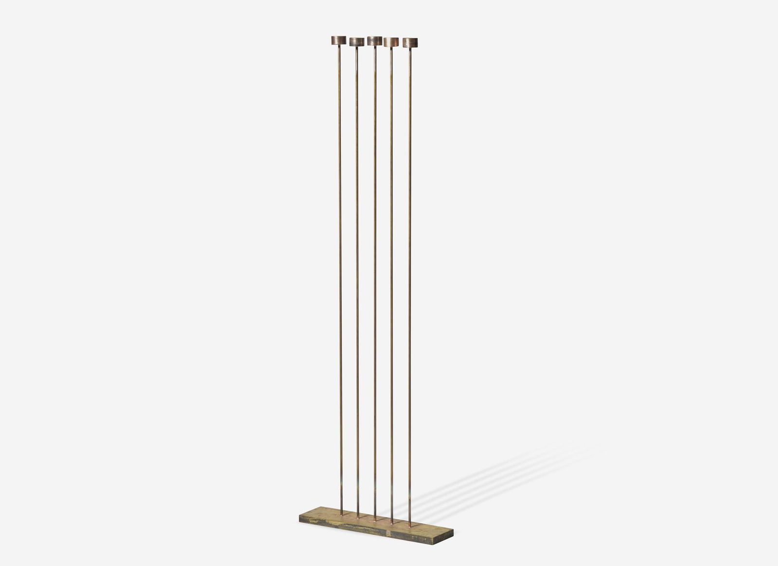 Val Bertoia, “Hi Five For Low Sounds” (Sonambient): Val Bertoia, “Hi Five For Low Sounds” (Sonambient) USA, 2023 Bronze, beryllium copper, brass No. B-2805 Consisting of a single row of five beryllium copper rods silvered to a brass base, e
