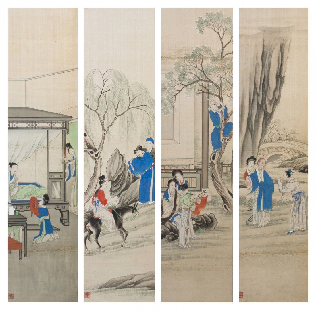 A Set of Four Chinese Paintings on Silk, Height 31 : A Set of Four Chinese Paintings on Silk, of polychrome pigments, depicting a scene of a figure kneeling before another in a bed, a woman riding a donkey, a man in a tree spying on three women and a sc