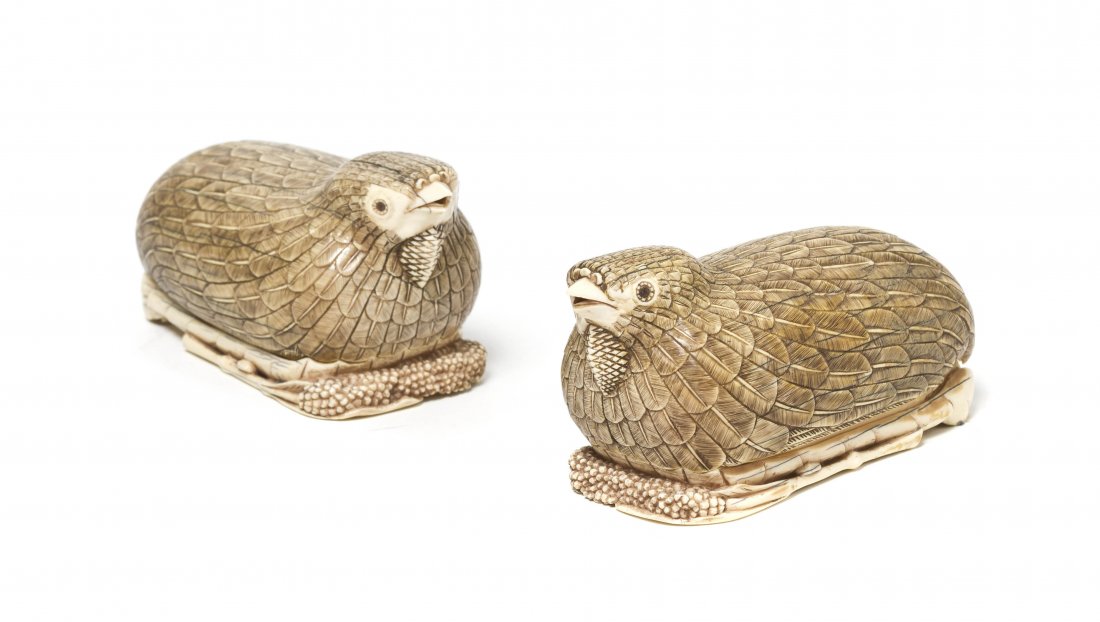 A Pair of Chinese Carved Ivory Quail Boxes, Width : A Pair of Chinese Carved Ivory Quail Boxes, each shown in a recumbent pose atop bundles of millet, the underside carved with their feet, opening to show interior cavity. Width 4 5/8 inches. Property f