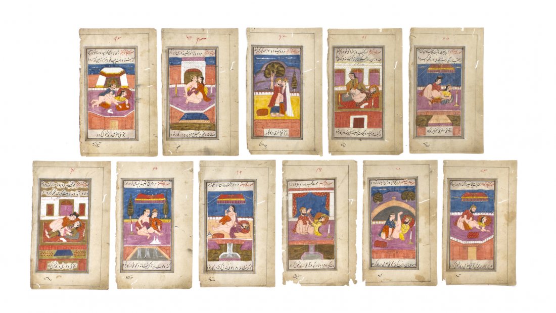 A Set of Eleven Persian Illuminated Manuscript Lea: A Set of Eleven Persian Illuminated Manuscript Leaves, each with one side containing a geometric decorated field and gilt pigment, the reverse having painted erotic scenes. Height 8 7/8 x width 5 1/4 
