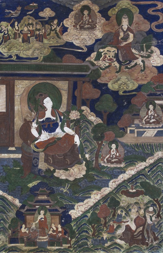 A Sino-Tibetan Painting, Height 35 1/4 x width 23 : A Sino-Tibetan Painting, depicting a Buddhist deity seated atop a throne at the center left, with white skin and holding a scepter in one hand and raised atop a lotus blossom base, surrounded by other