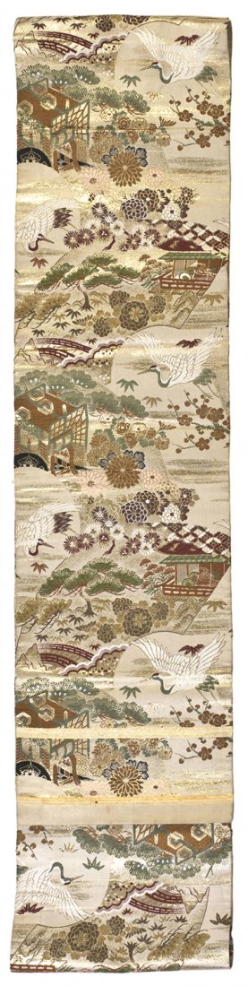 A Japanese Colored Silk Brocade Obi, Height 148 x : A Japanese Colored Silk Brocade Obi, depicting scenes from the Genji Monogotari. Height 148 x width 12 inches. Property from the Estate of Dr. and Mrs. Gary and Hope Prescott, Palm Beach Gardens, Flor