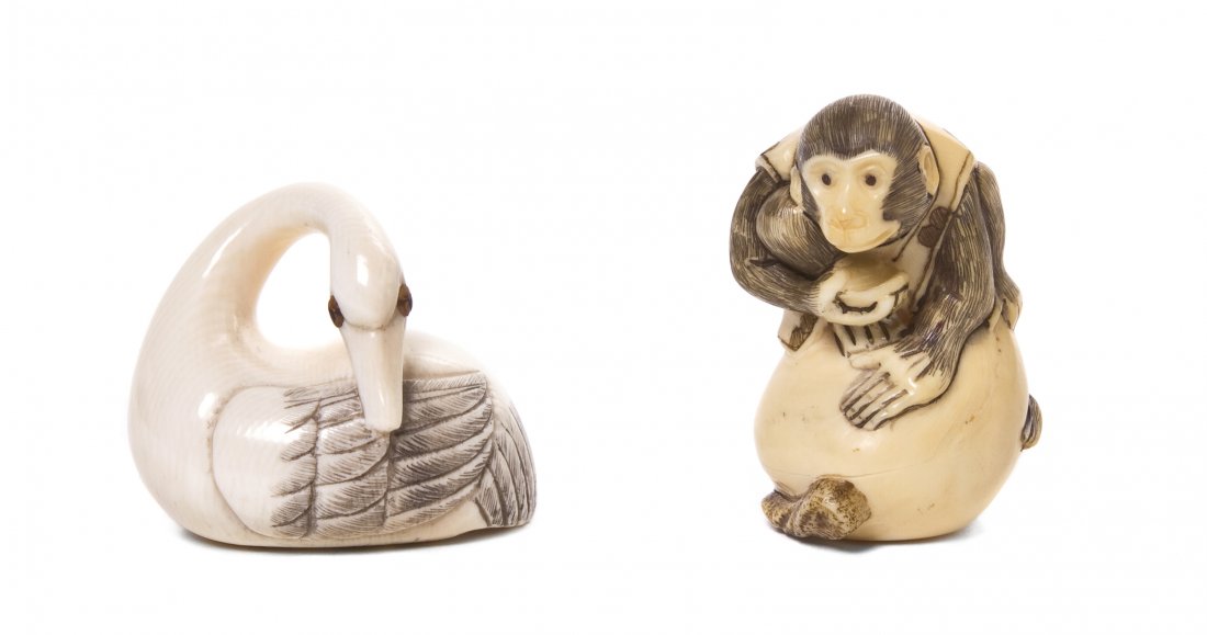 Two Carved Ivory Netsuke, Height of taller 1 5/8 i: Two Carved Ivory Netsuke, one depicting a swan, the other a monkey wearing a vest. Height of taller 1 5/8 inches.