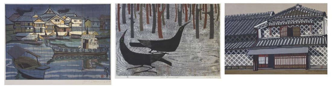 A Japanese Woodblock Print, Junichiro Sekino (1914: A Japanese Woodblock Print, Junichiro Sekino (1914-1988), titled Munazu, and Tomonoura, together with a third print by Amano depicting two crows. Height of largest image 15 x width 21 3/8 inches.