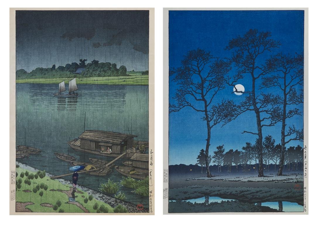 A Group of Two Japanese Woodblock Prints, Kawase H: A Group of Two Japanese Woodblock Prints, Kawase Hasui (1883-1957), titled Early Summer Rain at Arakawa and Winter Moon over Toyama Plain. Height of largest 14 1/4 x width 9 1/2 inches.
