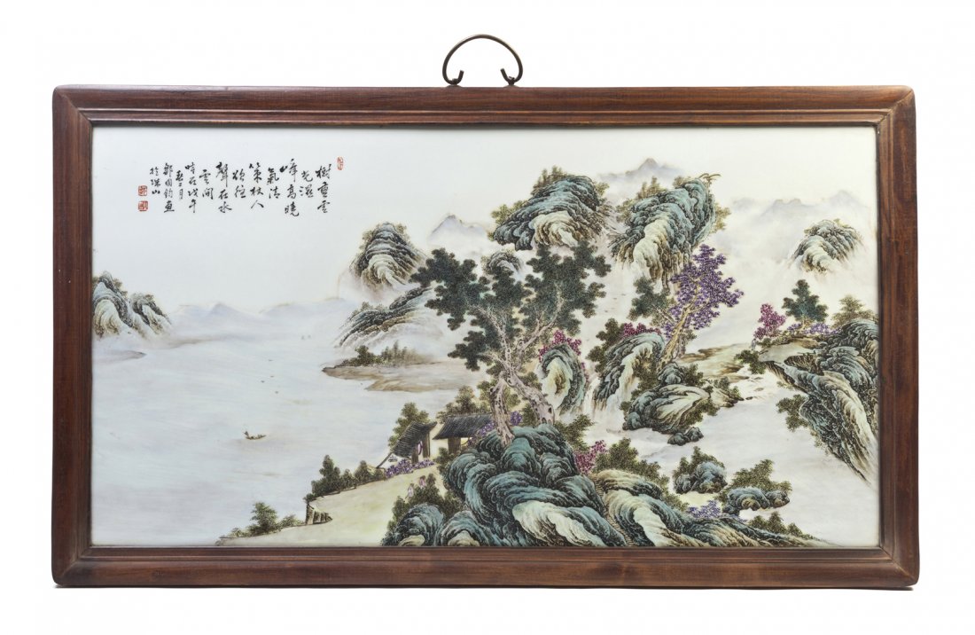 A Chinese Famille Verte Porcelain Plaque, Height o: A Chinese Famille Verte Porcelain Plaque, of rectangular form, with polychrome decoration of a misty mountain landscape with flowering trees, having a poetic inscription to the upper left register, mo