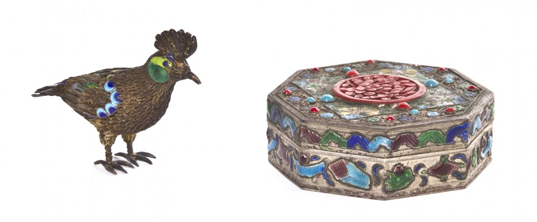 Two Chinese Silver and Enameled Articles, Diameter: Two Chinese Silver and Enameled Articles, comprising an octagonal lidded box having enameled foliate decoration and a central carved cinnabar lacquer medallion and a wirework and enameled model of a b