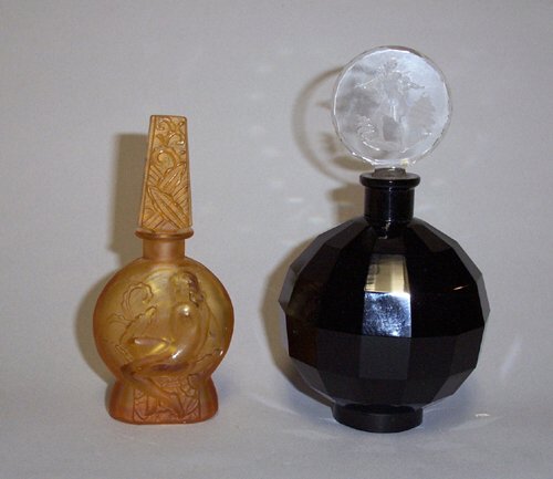 TWO CZECHOSLOVAKIAN ART DECO GLASS PERFUM: TWO CZECHOSLOVAKIAN ART DECO GLASS PERFUMES Cut & molded glass; brown bottle stamped "Ingrid Czechoslovakia," h: 5 1/3; black bottle unmarked, h: 6 1/2 in.