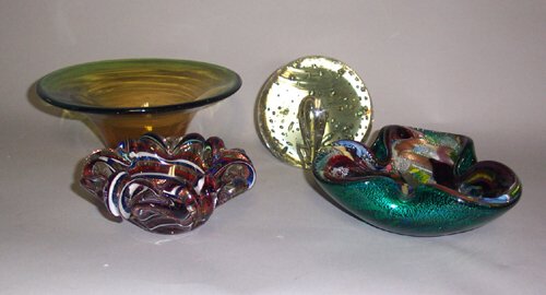 LOT OF ART GLASS Blown glass; 4 pieces,: LOT OF ART GLASS Blown glass; 4 pieces, including paperweight, h: 4 1/2; ashtray, l: 6; bowl, dia: 8 in.; ashtray with spurious Venini signature, h: 2, dia: 5 in.