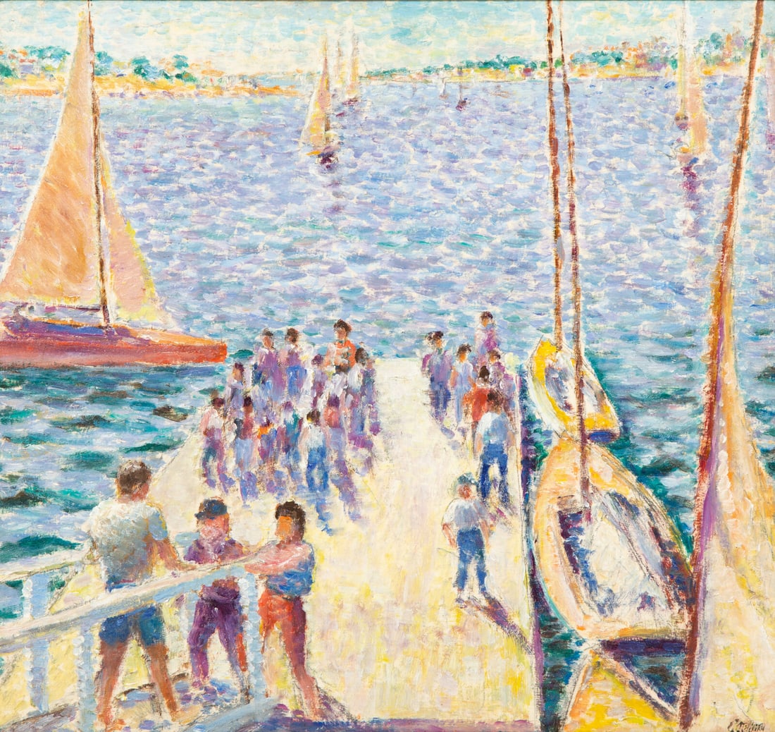 Max Kuehne (American, 1880-1968) Yacht Club Landing - Race Time, 1913: Max Kuehne (American, 1880-1968) Yacht Club Landing - Race Time, 1913 oil on panel stamped Kuehne (lower right) 15 x 16 inches. Provenance: Hirschl & Adler Galleries, Inc., New York Dennis Hare Fine A
