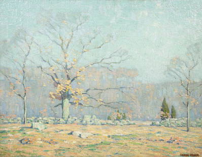 Bruce Crane (American, 1857-1937) Landscape with Tree and Stone Wall: Bruce Crane (American, 1857-1937) Landscape with Tree and Stone Wall oil on canvas laid to masonite signed BRUCE CRANE (lower right) 25 1/2 x 32 inches.