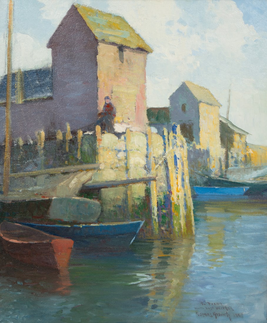 George Ames Aldrich (American, 1872-1941) View of a Harbor, 1927: George Ames Aldrich (American, 1872-1941) View of a Harbor, 1927 oil on masonite signed, dated, and dedicated To Freda / with Best Wishes / G. Ames Aldrich 1927 (lower right) 24 x 20 inches. Provenanc