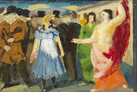 Morgan Russell (American, 1886-1953) Sketch for 'La femme adultère,' 1943: Morgan Russell (American, 1886-1953) Sketch for 'La femme adultère,' 1943 oil on canvas laid to panel signed Morgan Russell, dated, and inscribed Sketch and Rome (on the reverse) 9 1/4 x 13 3/4 i