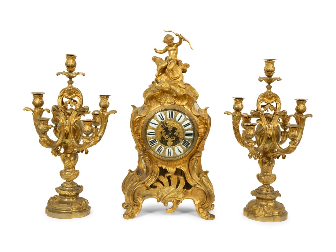A Louis XV Style Gilt Bronze Clock Garniture (1 of 5)