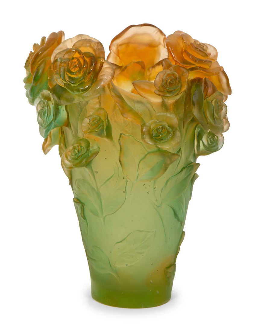 A Daum Pâte de Verre Roses Vase: A Daum Pâte de Verre Roses Vase 20th Century signed in etch Daum France 128; together with fitted box. Height 12 3/4 inches.