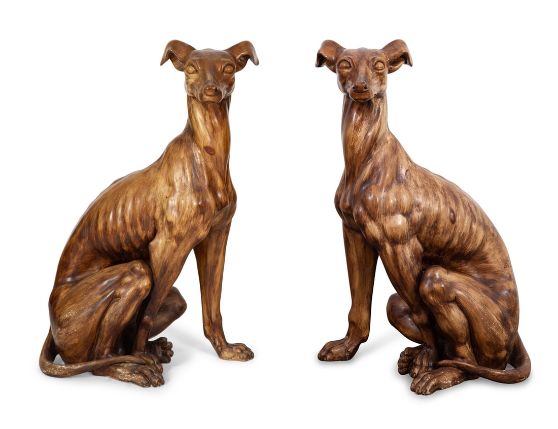 A Pair of Italian Grain-Painted Carved Wood Greyhounds (1 of 4)