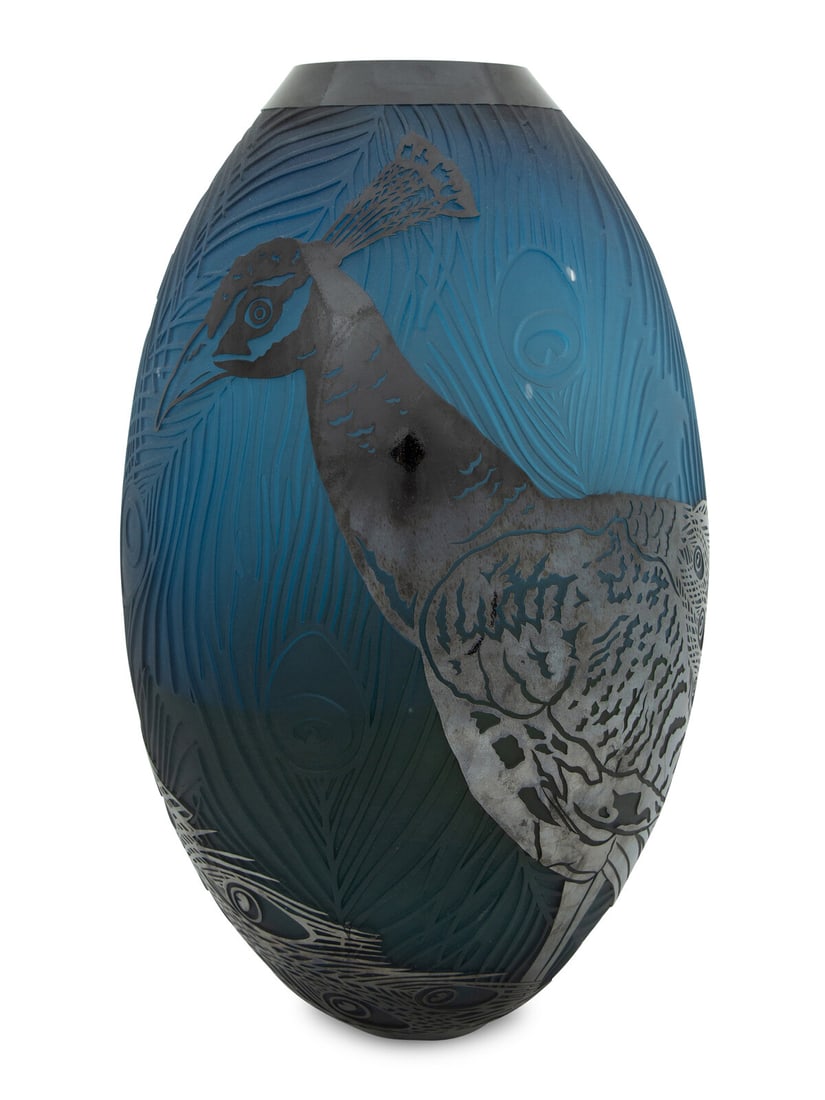 Duncan McClellan (American, b. 1955) Peacock Vase: Duncan McClellan (American, b. 1955) Peacock Vase carved glass Height 23 3/4 inches.