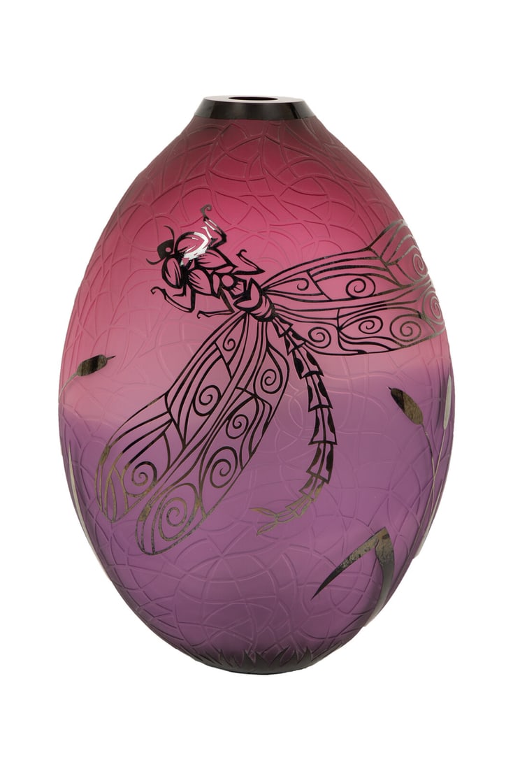 Duncan McClellan (American, b. 1955) Dragonfly Vase: Duncan McClellan (American, b. 1955) Dragonfly Vase carved glass signed in etch on base Height 24 1/2 inches.