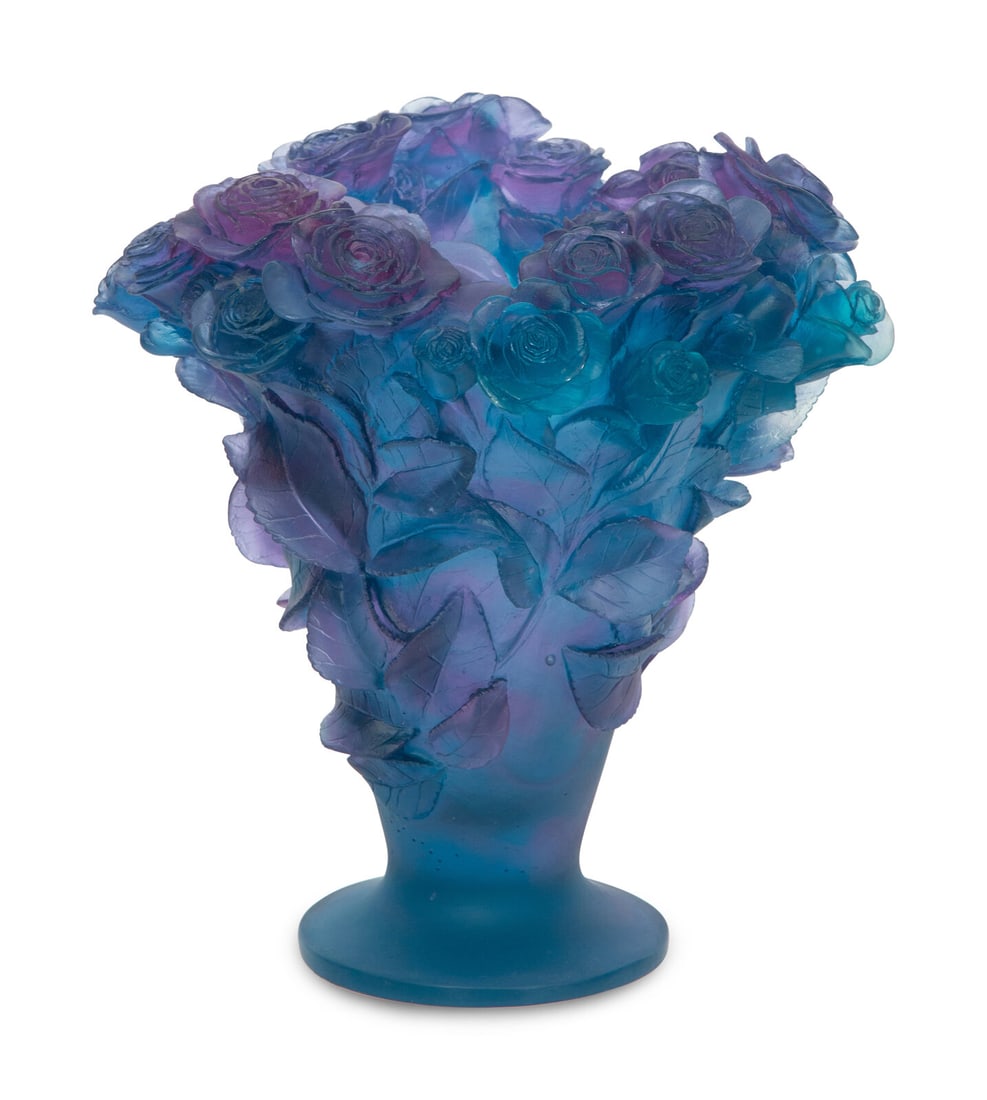 A Daum Pâte de Verre Roses Vase: A Daum Pâte de Verre Roses Vase 20th Century signed in etch Daum France 286. Height 11 1/2 inches.