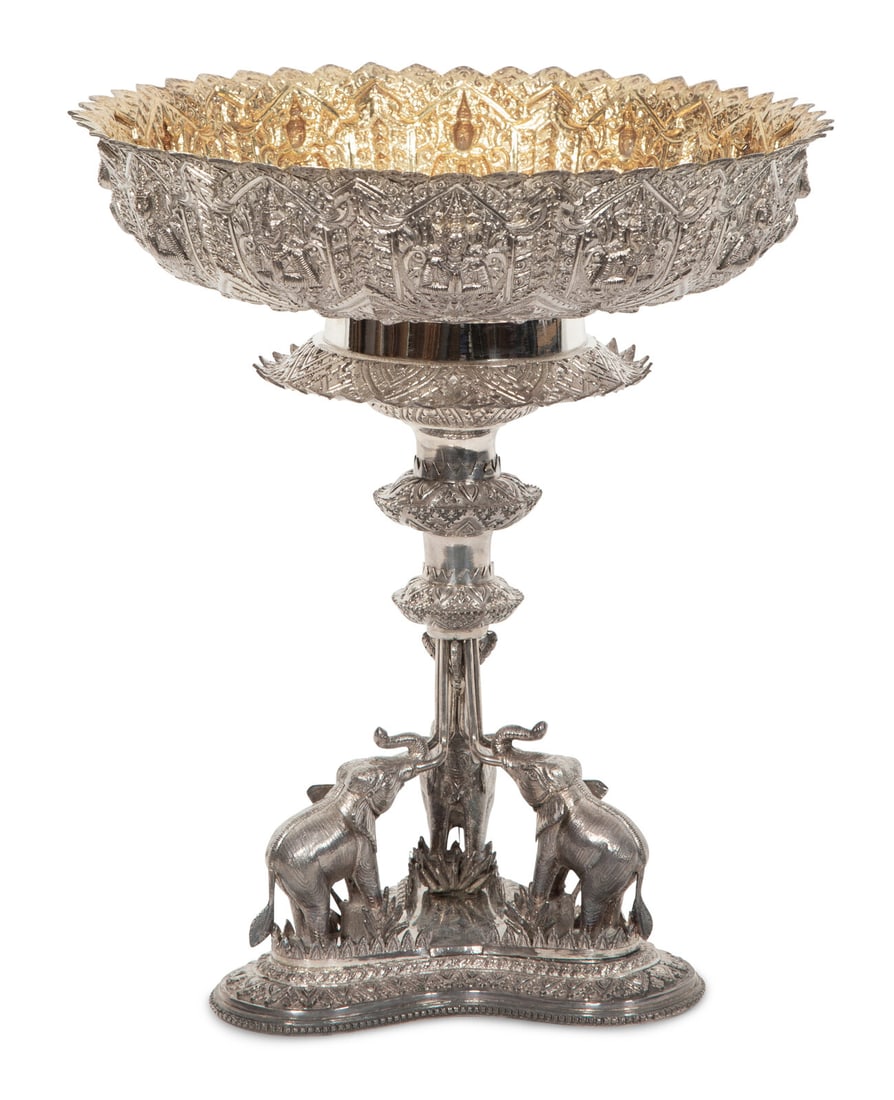 A Thai Silver Presentation Centerpiece: A Thai Silver Presentation Centerpiece 20th Century the interior with silver gilt wash; the base engraved with presentation inscription reading The Ngow Hock Co. presented to CAPTAIN Frandsen M.L. Bin