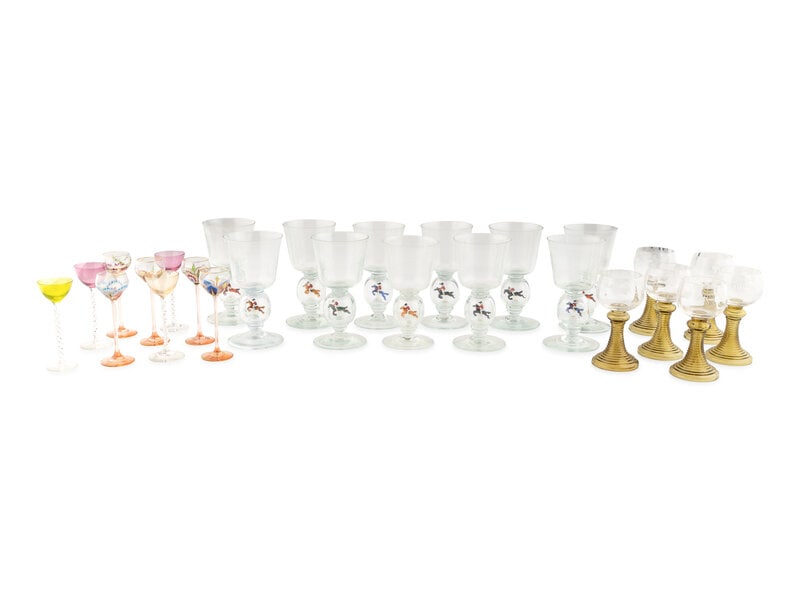 A Group of Continental Glass Stemware: A Group of Continental Glass Stemware 20th Century comprising: A Set of Six German Rhine wine goblets A Group of Eleven Venetian colorless glass goblets Four Venetian cordials with various colore