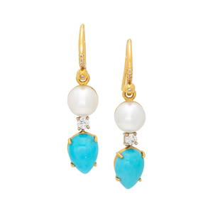 IRENE NEUWIRTH, TURQUOISE, CULTURED PEARL AND DIAMOND EARRINGS