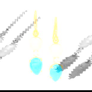 IRENE NEUWIRTH, TURQUOISE, CULTURED PEARL AND DIAMOND EARRINGS: IRENE NEUWIRTH, TURQUOISE, CULTURED PEARL AND DIAMOND EARRINGS Cultured pearls measuring approximately 7.00 mm, pear cabochon cut turquoise and round brilliant cut diamonds. Yellow gold. 1 1/4 inches