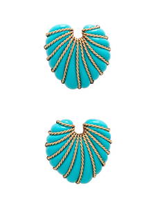 PAIR OF YELLOW GOLD AND COMPOSITE TURQUOISE BROOCHES