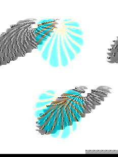 PAIR OF YELLOW GOLD AND COMPOSITE TURQUOISE BROOCHES: PAIR OF YELLOW GOLD AND COMPOSITE TURQUOISE BROOCHES Composite turquoise shell forms with applied yellow gold wire. 2 x 2 inches. Stamp: 14K. Gross weight: 63.25 dwt.