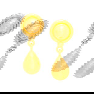 ELIZABETH LOCKE, YELLOW GOLD EARRINGS: ELIZABETH LOCKE, YELLOW GOLD EARRINGS Round studs with pear shaped drops. 1 1/8 inches long. Earring back stamp: (maker's mark) 19K. Gross weight: 6.60 dwt. Property from the Estate of Laurie