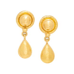 ELIZABETH LOCKE, YELLOW GOLD EARRINGS: ELIZABETH LOCKE, YELLOW GOLD EARRINGS Round studs with pear shaped drops. 1 1/8 inches long. Earring back stamp: (maker's mark) 19K. Gross weight: 6.60 dwt. Property from the Estate of Laurie