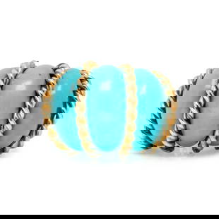 YELLOW GOLD AND COMPOSITE TURQUOISE RING: YELLOW GOLD AND COMPOSITE TURQUOISE RING In a bombe style with applied gold rope. Ring size 5 1/4. Gross weight: 9.55 dwt.