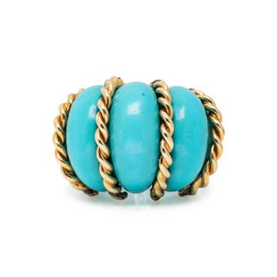 YELLOW GOLD AND COMPOSITE TURQUOISE RING: YELLOW GOLD AND COMPOSITE TURQUOISE RING In a bombe style with applied gold rope. Ring size 5 1/4. Gross weight: 9.55 dwt.