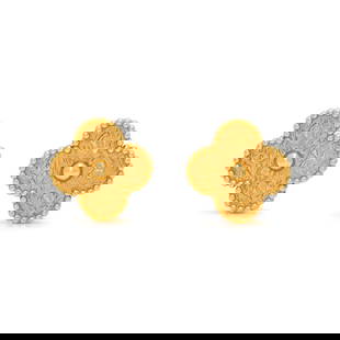 VAN CLEEF & ARPELS, YELLOW GOLD 'VINTAGE ALHABRA' EARCLIPS: VAN CLEEF & ARPELS, YELLOW GOLD 'VINTAGE ALHABRA' EARCLIPS Clover motif with textured finish, posts with clips backs. 15.00 mm wide. Stamp: VCA Au750 JB176468. Total gross weight: 5.70 dwt. 