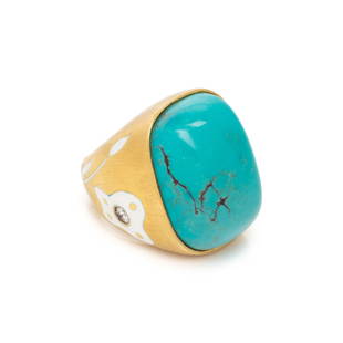 YELLOW GOLD, TURQUOISE, ENAMEL AND DIAMOND RING: YELLOW GOLD, TURQUOISE, ENAMEL AND DIAMOND RING Cushion shaped cabochon turquoise measuring approximately 29.00 x 22.00 mm with white enamel flower motifs and round brilliant cut diamonds. Ring size