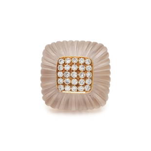 YELLOW GOLD, ROCK CRYSTAL AND DIAMOND RING: YELLOW GOLD, ROCK CRYSTAL AND DIAMOND RING Carved frosted rock crystal and round brilliant cut diamonds weighing approximately 0.90 carat total. Ring size 7. Stamp: 14K. Gross weight: 13.90 dwt.