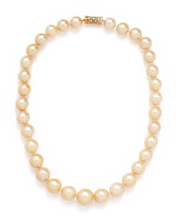 GOLDEN SOUTH SEA CULTURED PEARL NECKLACE: GOLDEN SOUTH SEA CULTURED PEARL NECKLACE Cultured golden South Sea pearls measuring approximately 12.50-16.50 mm, strung knotted in a graduated style with yellow gold and diamond clasp. 19 inches