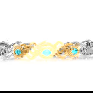 TIFFANY & CO., YELLOW GOLD AND TURQUOISE BRACELET: TIFFANY & CO., YELLOW GOLD AND TURQUOISE BRACELET Fancy geometric links measuring approximately 12.00-14.00 mm, set with oval cabochon turquoise. 6 1/2 inches long. Stamp: TIFFANY & CO. 18K. Gross