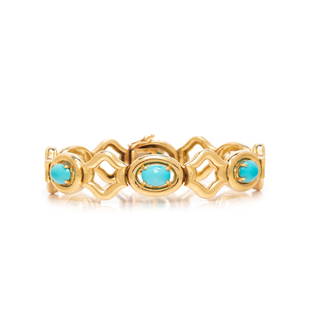 TIFFANY & CO., YELLOW GOLD AND TURQUOISE BRACELET: TIFFANY & CO., YELLOW GOLD AND TURQUOISE BRACELET Fancy geometric links measuring approximately 12.00-14.00 mm, set with oval cabochon turquoise. 6 1/2 inches long. Stamp: TIFFANY & CO. 18K. Gross wei