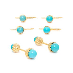 TIFFANY & CO., SCHLUMBERGER, YELLOW GOLD AND TURQUOISE 'ACORN' DRESS SET: TIFFANY & CO., SCHLUMBERGER, YELLOW GOLD AND TURQUOISE 'ACORN' DRESS SET Consisting of a pair of cufflinks and four shirt studs. Cufflinks: 3/8 inch wide terminals. Studs: 1/4 inch wide terminals. 