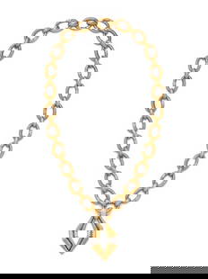 R. STONE, YELLOW GOLD AND DIAMOND CONVERTIBLE NECKLACE: R. STONE, YELLOW GOLD AND DIAMOND CONVERTIBLE NECKLACE Consisting of textured oval links and removable pendant containing round brilliant cut diamonds weighing approximately 6.50 carats total,
